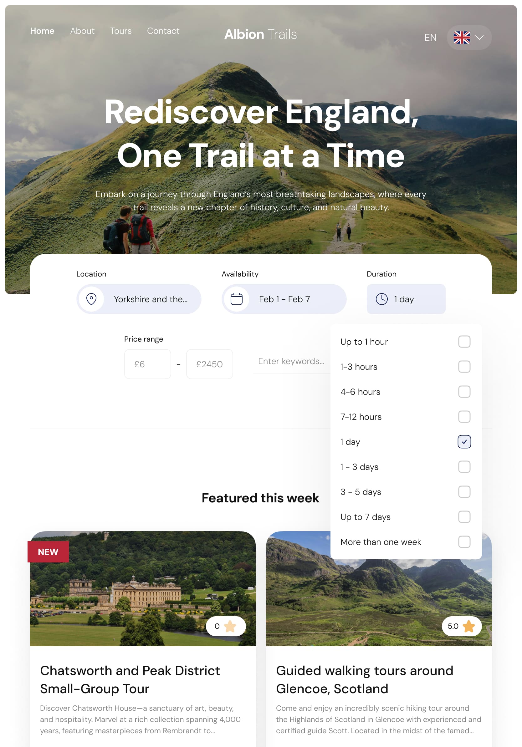 Website interface displaying a tour service platform inside a tablet breakpoint. Features an expanded filtering option by a category of tour duration.
